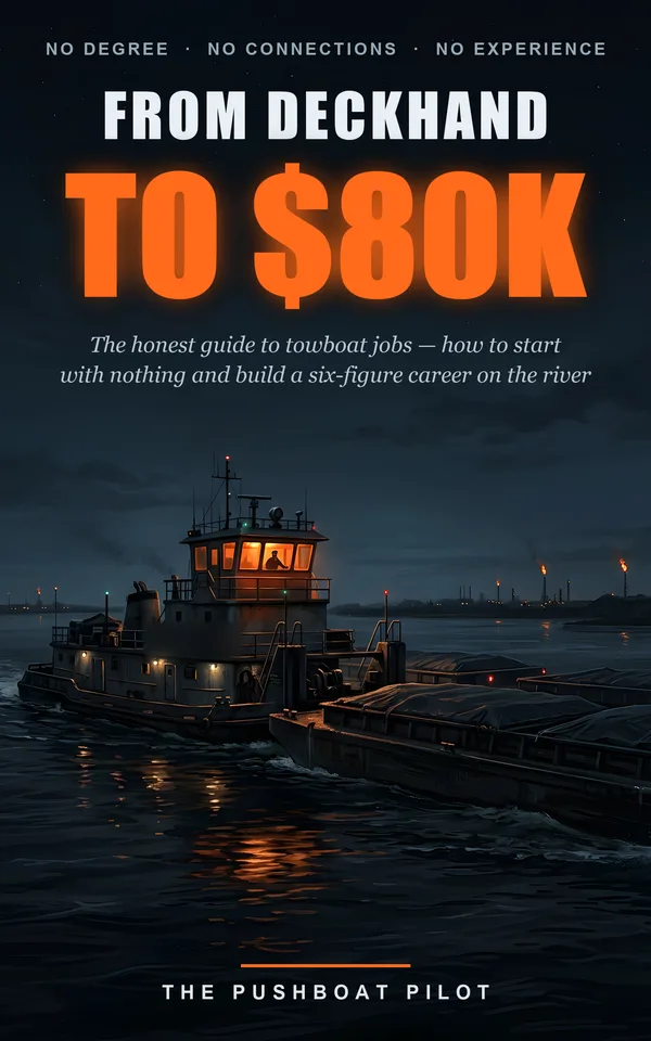From Deckhand to $80K book cover — a pilot's silhouette at the sticks of a towboat, night river and refinery flares ahead