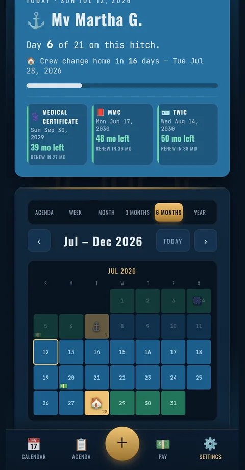 TowCal app screenshot — hitch dashboard for the boat with day counter and credential renewals