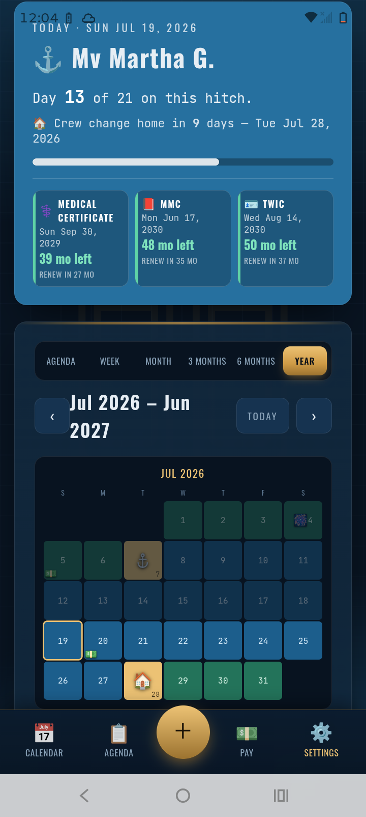 TowCal home dashboard showing day 13 of 21 on the hitch, crew change home in 9 days, and license renewal countdowns