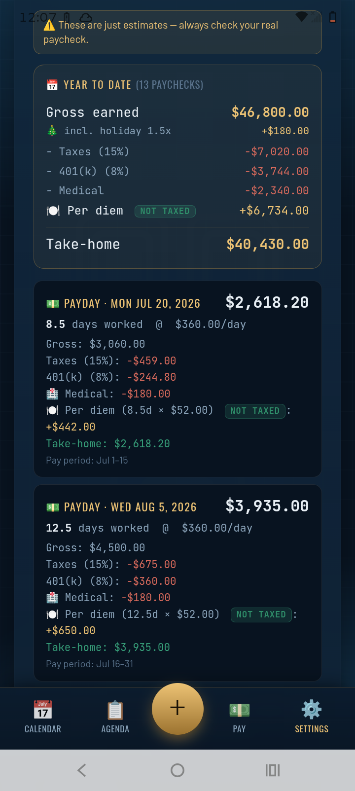 Pay tracker showing year-to-date gross, taxes, per diem, and take-home pay
