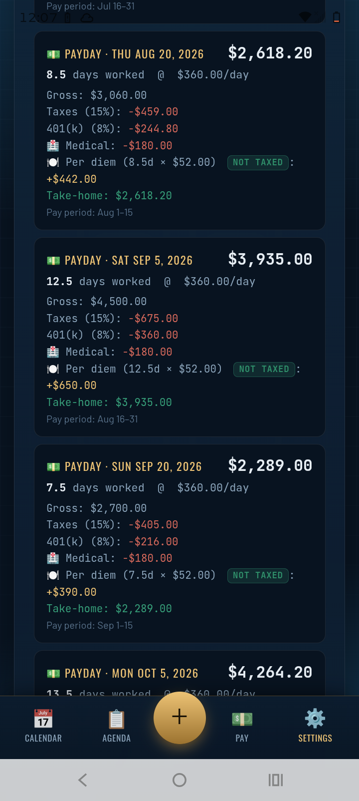 Paydays list with each payday's days worked, gross, deductions, and take-home